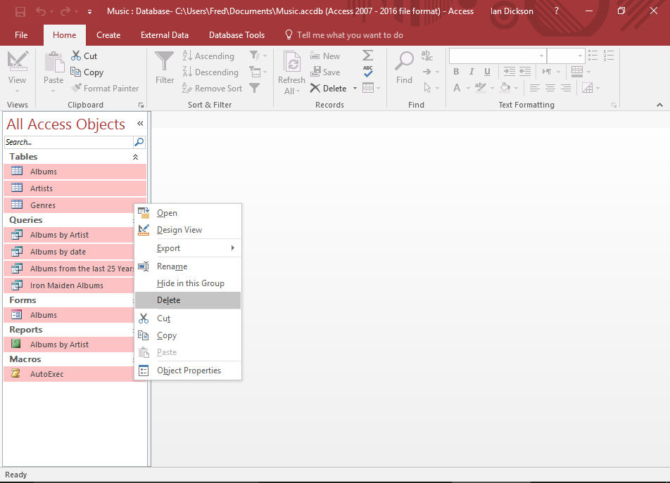 Screenshot of deleting all database objects from the database.